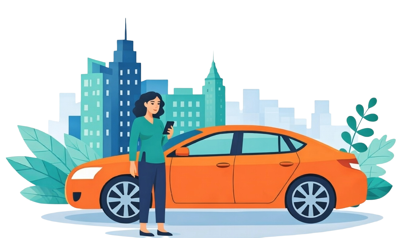 Woman booking a ride on her phone next to an orange car in Atlanta